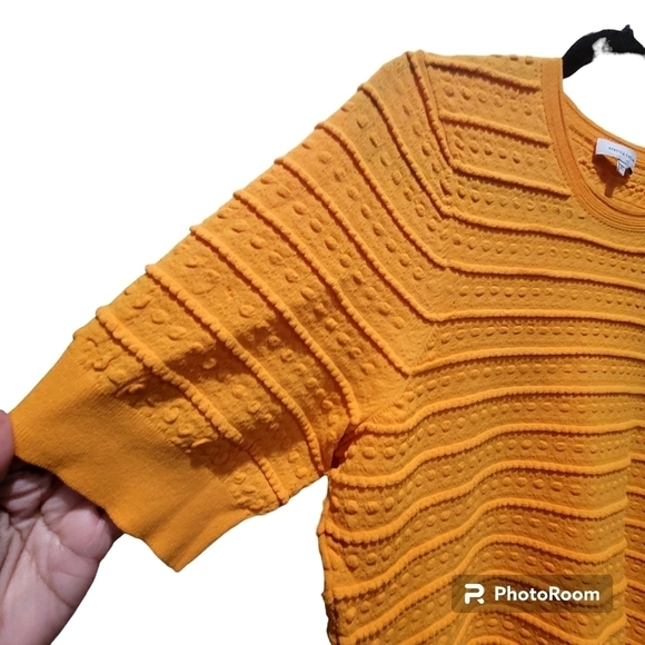 Rebecca Taylor XL Viscose Blend Mustard Yellow Short Sleeve Ribbed Blouse Office - Picture 4 of 7